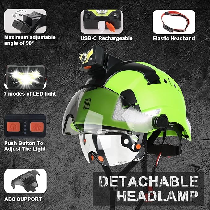 Safety Helmet Hard Hat with Detachable Headlamp Light and Visor Construction Hardhats for Men ANSI/ISEA Z89.1 Certified
