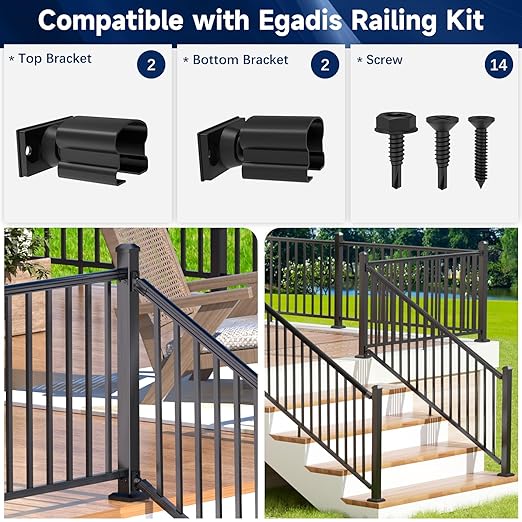 Egadis 4 Pack Aluminum Deck Railing Bracket Connector, Adjustable Railing Bracket, Black Textured AAMA 2604 Powder-Coat Finish Railing System for Outdoor Decks, Porches & Balconies