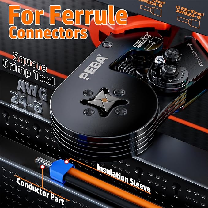 PEBA Ferrule Crimping Tool Kit, 24 Sizes wire Ferrules and Square Crimping Pliers AWG28-7 & Wire Stripper for Electrical Wiring/DIY Terminals | Self-Adjusting Ratchet Crimper - Copper Ferrule Kit