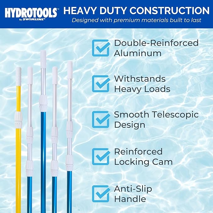 Swimline HYDROTOOLS 8356M 3-Piece Telescopic Pole 5 To 15 Feet Adjustable Telepole For Swimming Pool Cleaning Skimmer Nets Vacuum Heads & Brushes Step-Up Anodized Aluminum W/ Strong Grip & Lock