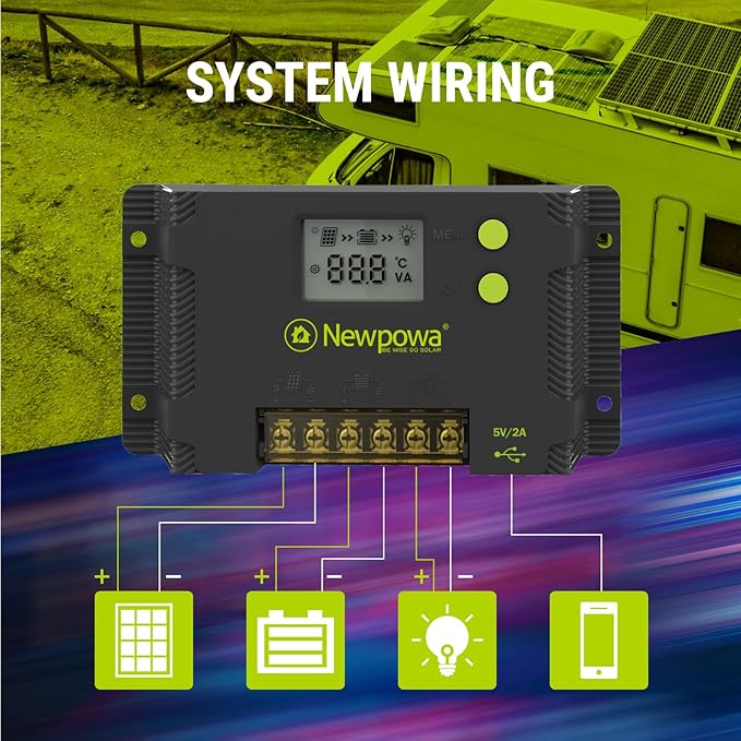 Newpowa 10A PWM Solar Charge Controller 12V/24V LCD Display Off Grid Solar Panel Adjustable for Gel, AGM, Liquid, Lithium Battery