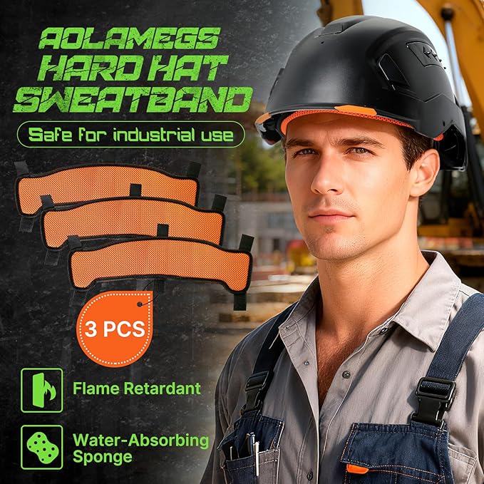Aolamegs Hard Hat Sweatband - 3pcs Washable Hard Hat Sweat Bands,Flame Retardant Cotton Construction Hardhat Liners for Men,3-Layer Welding Helmet Sweatband,Hard Hat Accessories for Welding Headgear