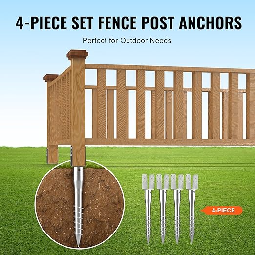 VEVOR Ground Screw, No Dig Ground Anchor 4 Pack 3.94 x 2.76 x 27.56 in DIY Screw in Stake, Includes 6 Lag Bolts & a Rebar, U-Shape Heavy Duty Steel Post Holder, Great for Mailbox and Fence Posts