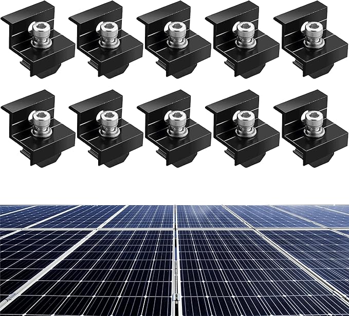 10pcs Solar Panel End Clamp for Standar, Aluminum 30mm/35mm Solar Panel Brackets, Solar Panel Mounting Kit for Metal Roof, Tin Roof, Flat Roof, Sheet Roof, Black