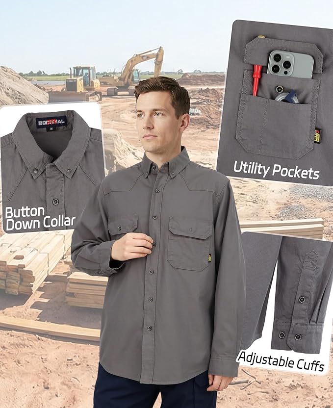 BOCOMAL FR Shirts Button Down Dura-Light 6.5 oz Soft Heather Series Utility Chest Pockets Flame Resistant Work Shirt CAT2