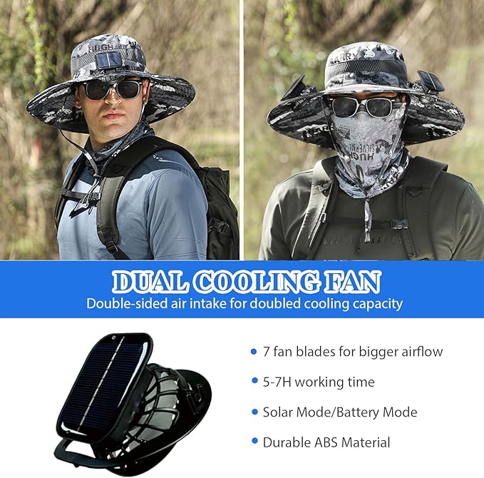 Solar Fan Hat,Sombrero con ventilador Solar,Fishing Hat with Fan for Men, Wide Brim Sun Hat with 2 Solar Fan,3 Speed Adjustable Fans Hats,Waterproof Outdoor Hiking Camping Fishing(Black and White)