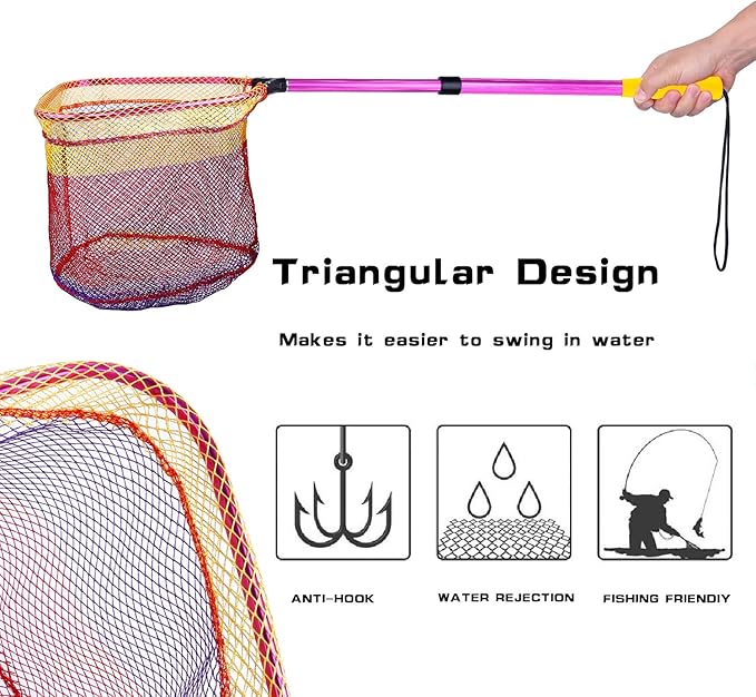 PLUSINNO Kids Fishing Net, Telescopic Lightweight Landing Net with Aluminum Pole Handle and Nylon Mesh, Catch and Release Butterfly Net for Kids Youth Outdoor
