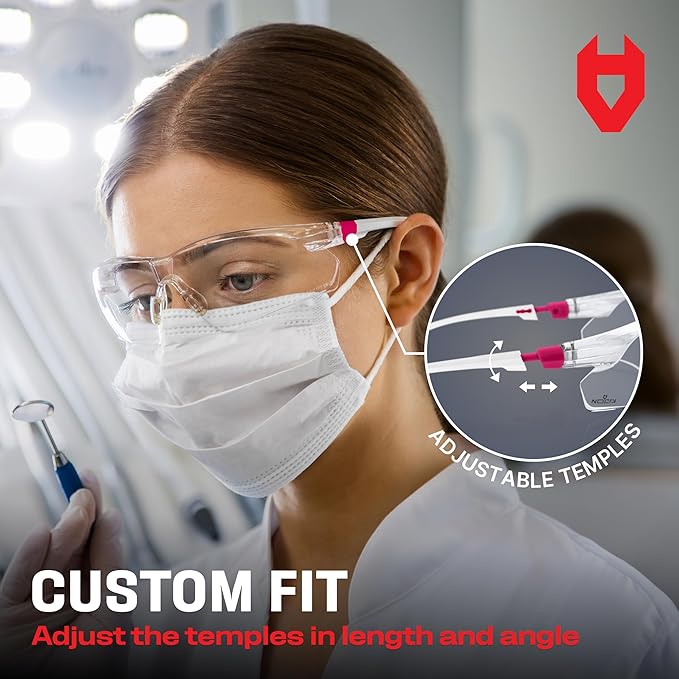NoCry Safety Glasses with Clear Anti Fog Scratch Resistant Wrap-Around Lenses and No-Slip Grips, UV Protection. Adjustable, White & Pink Frames (10 pack)