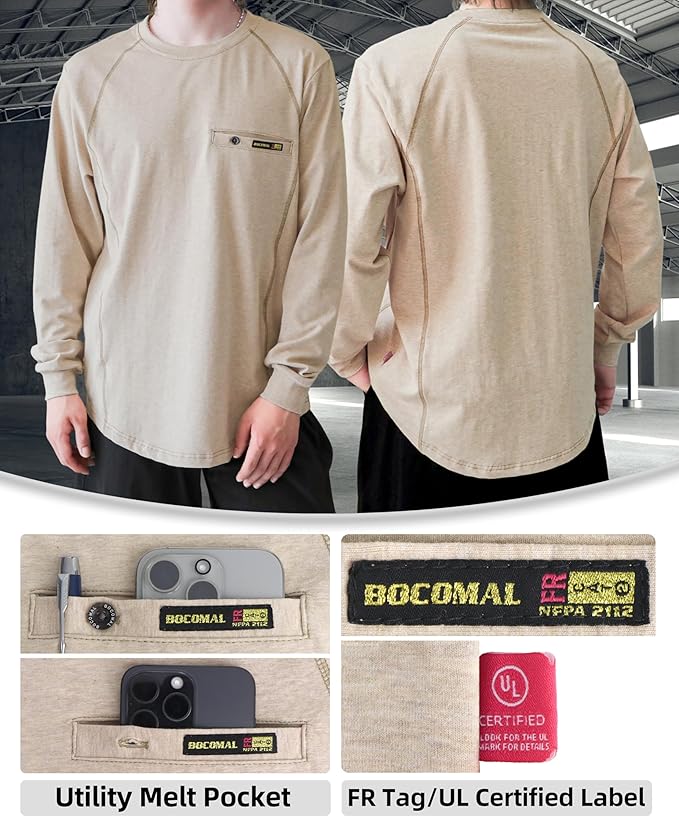 BOCOMAL FR Shirts for Men Melt Pocket Lightweight Crew T-Shirt NFPA2112/CAT2 Fire Resistant Work Shirt