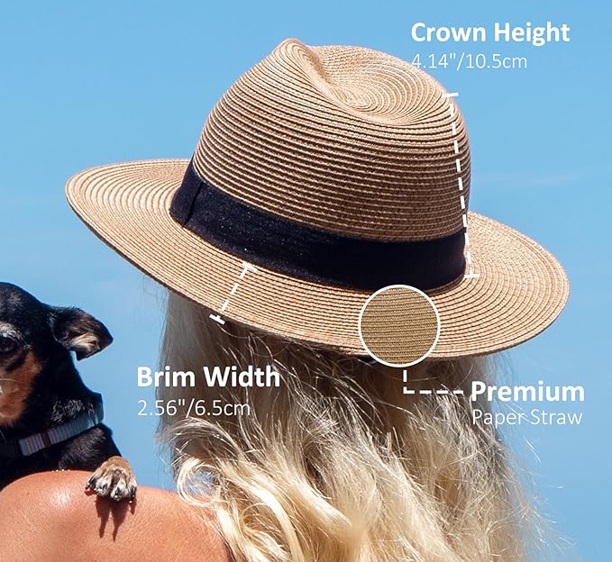 Joywant Womens Straw Fedora Beach Sun Hat, Packable Wide Brim Panama Hat for Women UV UPF50+ Summer Hat