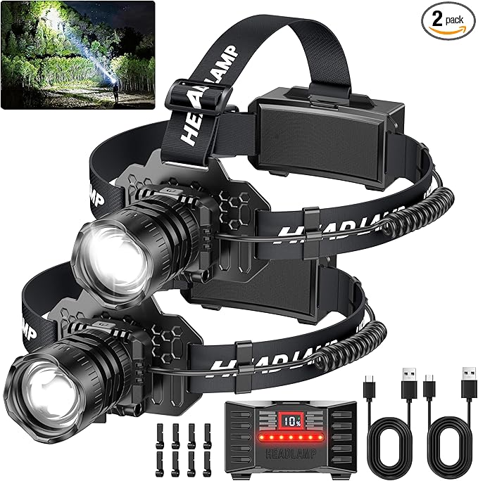 Rechargeable LED Headlamp 2-Pack - 3500 Lumens Super Bright with Motion Sensor & 90° Rotation - Waterproof Headlight for Camping, Hiking, Running - 3 Light Modes