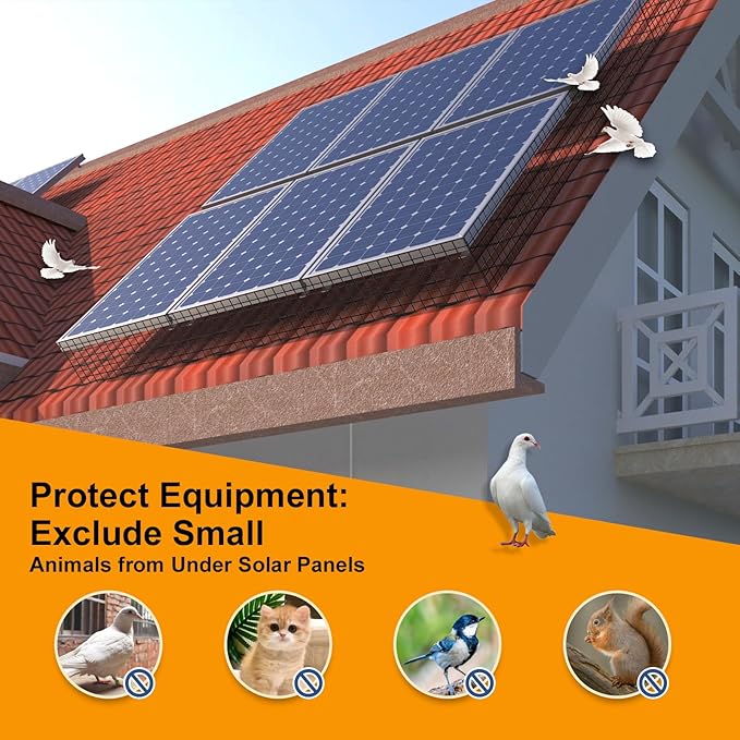 Solar Panel Bird Guard Black PVC1/2 inch 6in * 100FT Anti Bird roll mesh kit with 70 Sets of Fasteners Critter Guard for Solar Panels can Prevent Pigeons Birds from Entering The Interior