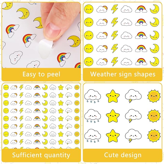 JarThenaAMCS 2400Pcs Mini Weather Sticker Cute Smile Face Paper Decals 10 Designs Self-Adhesive Stickers for Envelopes Scrapbook Gifts DIY Supplies, 0.5 in
