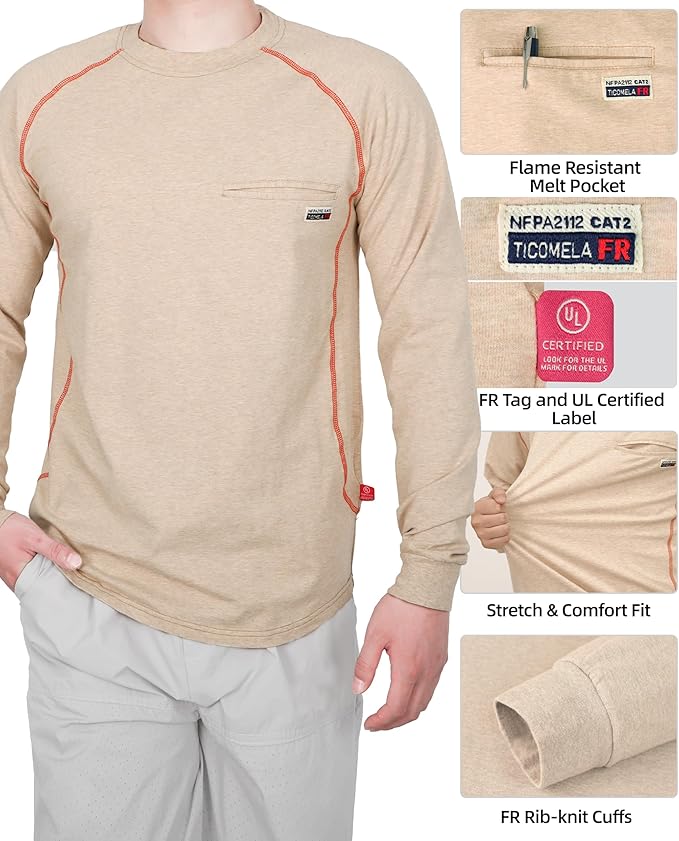TICOMELA FR T-Shirt, Flame Resistant, Stretch Fit, Hidden Pocket, 6oz Crew Neck Work Shirt for Men 100% Cotton