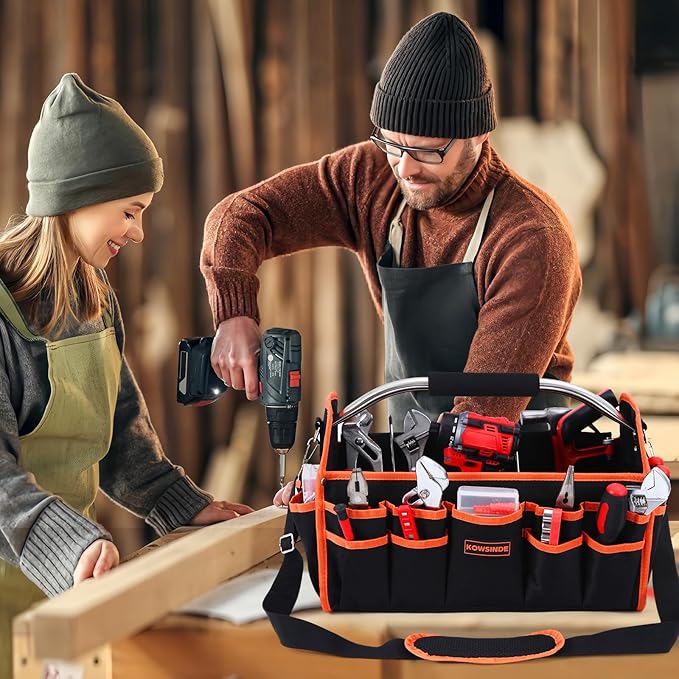 16 Inch Tool Bag, Electrician Tool Bag, Open Top Tool Bags, 26 Pockets Can Hold Many Tools, Steel Handle and Removable Shoulder Strap