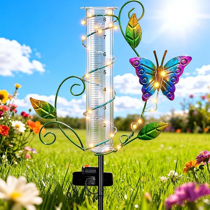 Butterfly Rain Gauge Outdoor - Wireless Solar Rain Gauges with 8" Capacity Glass Replacement Tube Best Rated Metal Decorative Garden Stakes with LED Lights for Yard Lawn Patio Art Decor