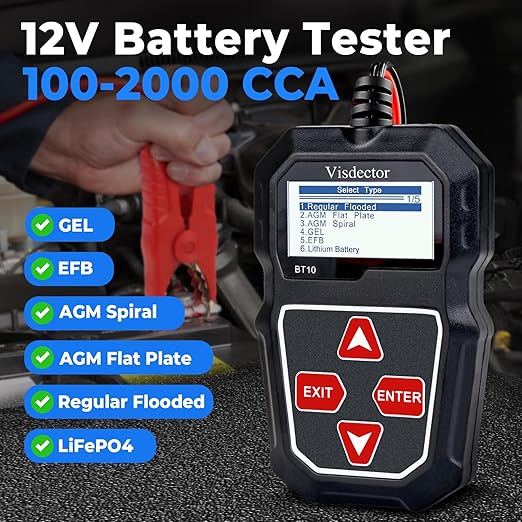 BT10 Car Battery Tester 12V 100-2000 CCA Digital Battery Load Tester, Automotive Alternator Starter Tester, Auto Battery Analyzer for Car, SUV, Light Truck, Boat