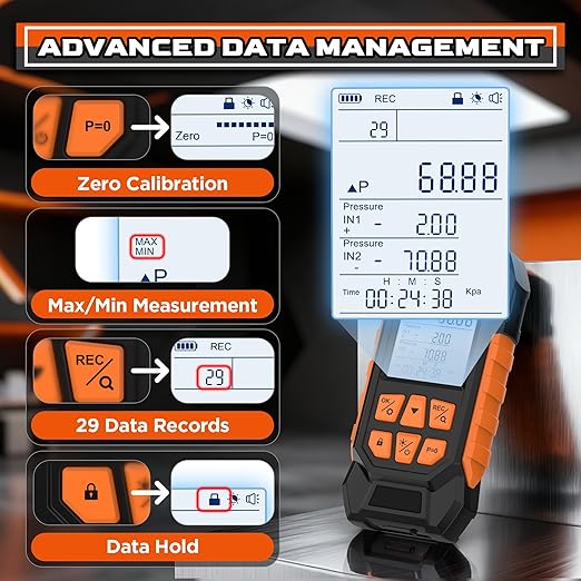 Manometer Gas Pressure Tester Pro 3" LCD Display Digital Manometers -101 KPa to 200KPa Dual-Port Gas Manometers HVAC with Auto Calibration, Max/Min Value, Data Records