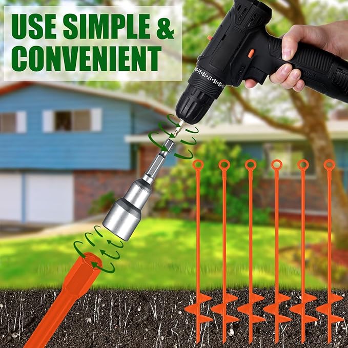 Chumia 6 Pcs 18 Inch Ground Anchor Spiral Blade Heavy Duty Earth Anchors Swing Set Metal Shed Kit for Garden Securing Trees Tents Trampoline Canopies Shelters (Orange)