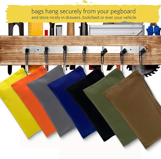 Heavy Duty Canvas Tool Bag Organizer – 7 Pack Zipper Utility Pouches in Assorted Colors (12.5″ x 7″) – Multipurpose Storage for Tools, Craft Supplies, Electronics, Travel, Home & Workshop