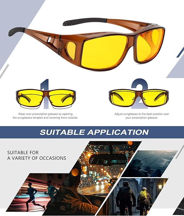 KALIYADI Night-Vision-Glasses Fit-Over-Glasses Wrap-Around Glasses: Anti Glare Night Driving Glasses for men women HD Lens