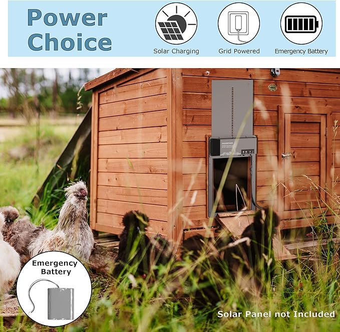 Automatic Chicken Coop Door - Programmable w/App & Timer, Solar/Battery/Grid Powered, Motion Sensor for Anti-Pinch,Plug & Play Electric Door, Aluminum for Weatherproof, Low Battery Alert