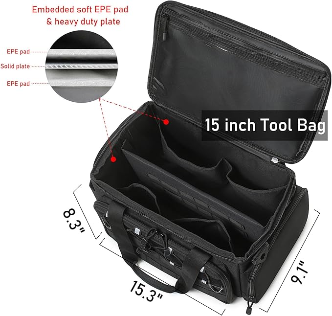 15-Inch Tool Bag Multi-purpose Tool Organizer Bag For Men with Shoulder Strap, Tactical Range Bag Work Tote for Repairman, Carpenters, Handymen (Black)