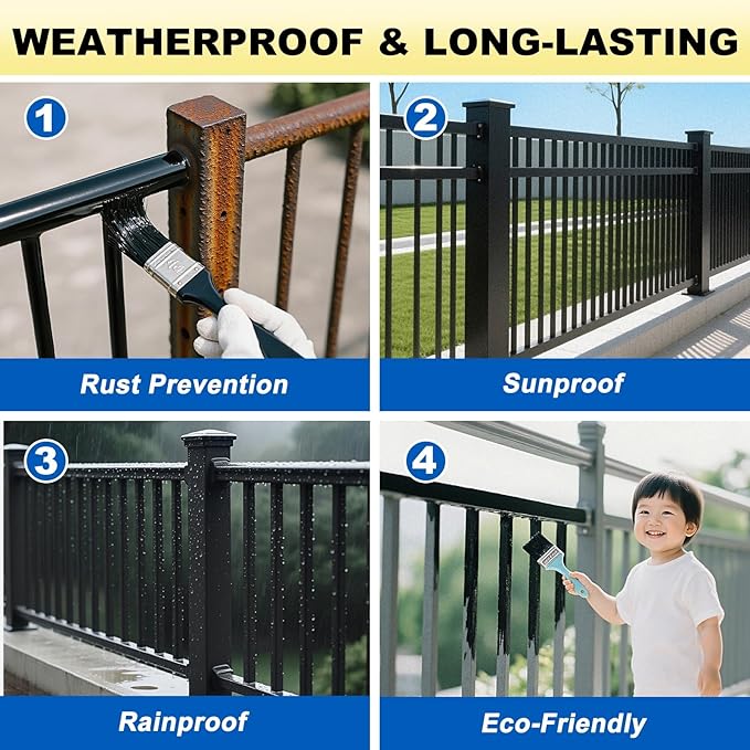 Metal Paint, 35 Fl oz Rust Preventive & Weatherproof Protective Coating, Black Paint for Metal Surfaces, Water-Based Matte Interior/Exterior Paint for Railings, Fences, Gates & Furniture
