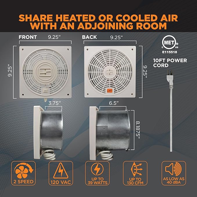 Suncourt ThruWall Room-to-Room Transfer Fan — Quiet Through Wall Vent Fan Improves Air Circulation Between Rooms 100-275 Sq. Ft. | 10’ Power Cord, 2-Speed (TW408)