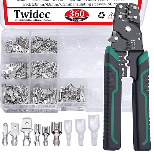 Twidec/360Pcs 2.8/4.8/6.3mm Quick Splice Male and Female Wire Spade Connector Crimp Terminal Block Assortment Kit with Insulating Sleeve for Electrical Wiring Car with Wire Crimper Tool