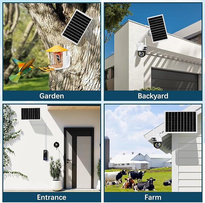 8W Solar Panel Charger for Outdoor Security Cameras, with Micro USB/USB-C and DC (35 x 135) Port, Fits Ring/Eufy/Wyze/Bird Feeder Camera, 13ft Cable, Fast Charging (2 Pack)