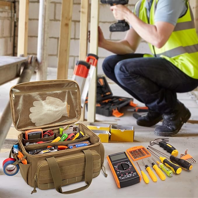 14-Inch Tool Bag with Anti-friction Bottom, Hand Tool Storage Organizer for Men, Tactical Range Bag, Multi-purpose Work Tote for Repairman, Carpenters, Handyman, Khaki