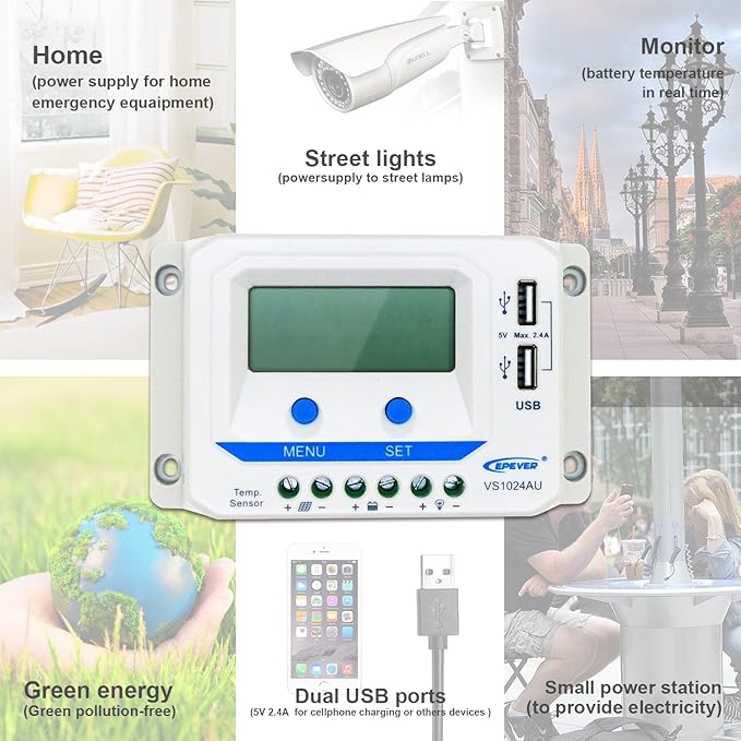 EPEVER Solar Charge Controller 10A 12V/24V with Dual USB Ports Output PWM Solar Panel Battery Charging Regulator LCD Display for Solar System (10A)
