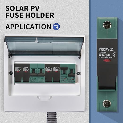 32 Amp Solar DC 1000V PV Fuse with Fuse Base, Solar Photovoltaic Fuse Holder, 10×38 mm Cylindrical Fuse Holder, 100 mm DIN Rail Mounting