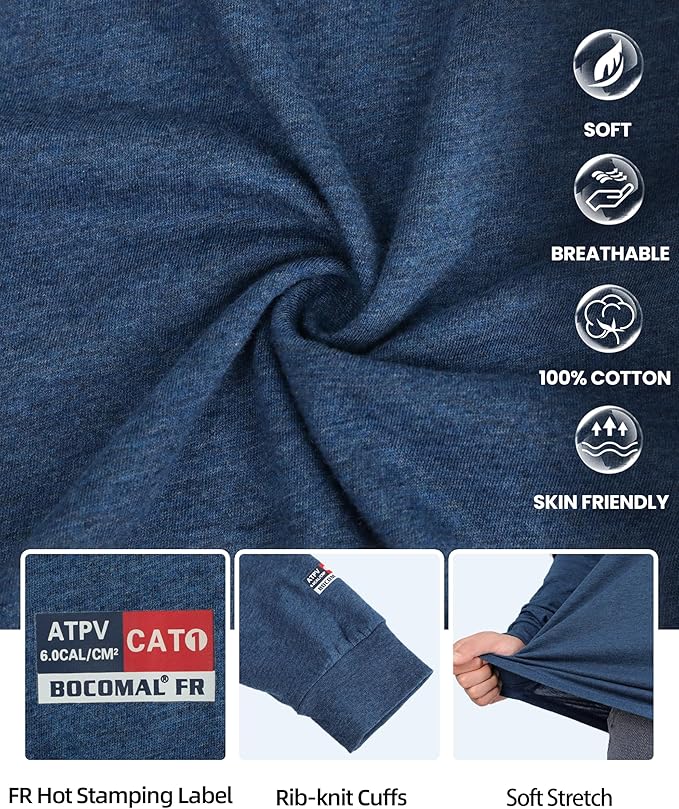 BOCOMAL FR Shirts for Summer Vented Mesh Loose Fit 4oz EX Lightweight Flame Resistant Base Layer CAT1 Crew Shirt