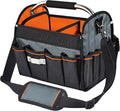 12 Inch Electrician Tool Tote Bag, 1680D Ballistic Polyester 34 Pockets Open Top Foldable Tool Bags with detachable divider, Tool Tote with Stainless Steel Handle & Padded Shoulder Strap