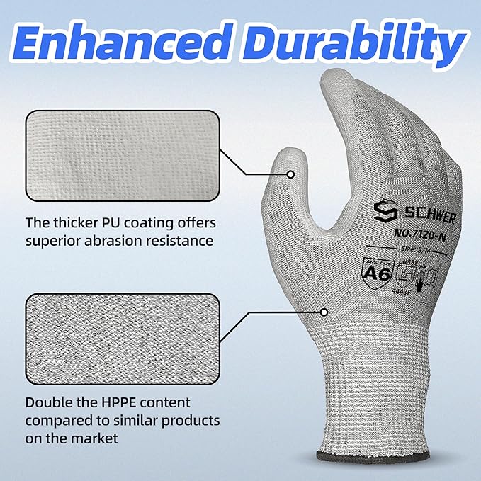 Schwer 6 Pairs Cut Resistant Gloves ANSI A6/A7 (Send Randomly) CR7120 Cut Proof Work Gloves, Touchscreen, for Men and Women Used for Woodworking, Glass Cutting, Construction, Car Repair, L