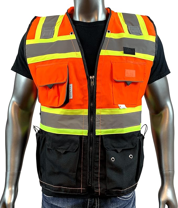 (C Vest For Mens Black Series Safety Vest With Zipper and Utility Pockets Premium Black Series Surveyors Vest (XX-Large, Orange/Black)