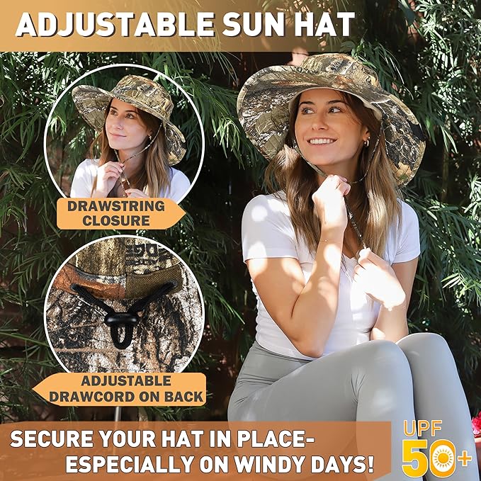 Men Safari Sun Hat Wide Brim Boonie Fishing Cap with Adjustable Drawstring