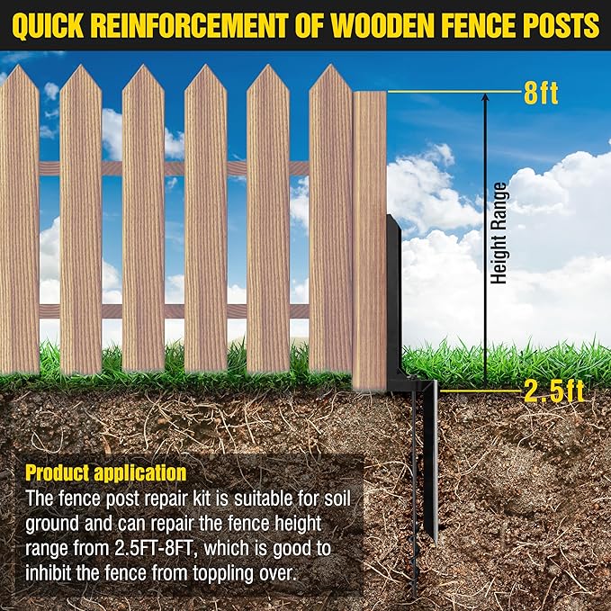 Heavy Duty Steel Fence Post Repair Stakes with Ground Anchor Screw in, Fix Anchors Ground Spike for Fence Posts, Repair Tilted/Broken Wood Posts (Black - 4 Pcs)