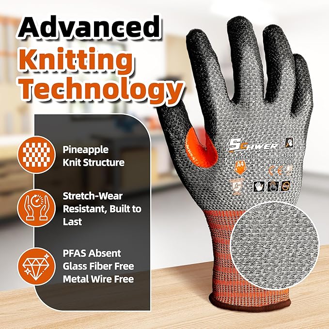 Schwer 12 Pairs Cut Resistant Work Gloves, CR3066 ANSI A4 Cut Proof Gloves with PU Coating, Touch-Screen, Non Slip, Reinforced Thumb, Wire & Fiberglass Free, Durable Working Gloves for Woodworking, XL