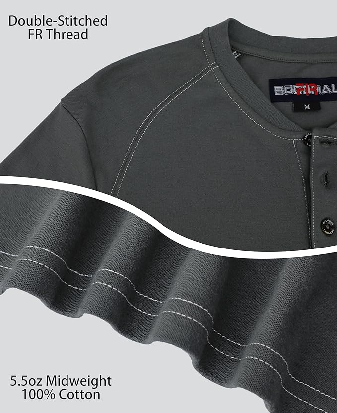 BOCOMAL Men's FR Henley Shirt Flame Resistant 5.5oz Cotton Long Sleeve Workwear UL NFPA2112 CAT2 Welding Tee