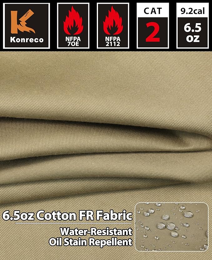 KONRECO FR Shirts for Men 6.5oz Lightweight Work Uniform Flame Resistant Welding Shirt/Water & Stain Repellent
