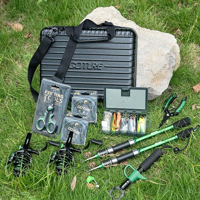 Goture Fishing Poles and Reels Combo - Green Telescoping Fishing Rod Portable Travel Kit with Carrier Bag for Freshwater Saltwater