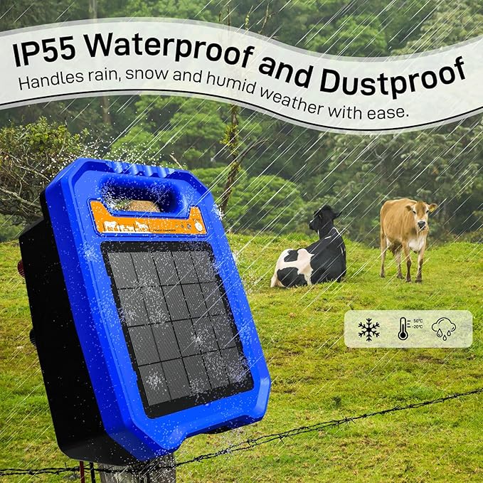 Solar Electric Fence Charger - 0.5 Joule Output up to 5 Miles, 8000V Solar Powered Fence Energizer for Livestock, Cattle and Horse, IP55 Weatherproof Controller with Day/Night Mode