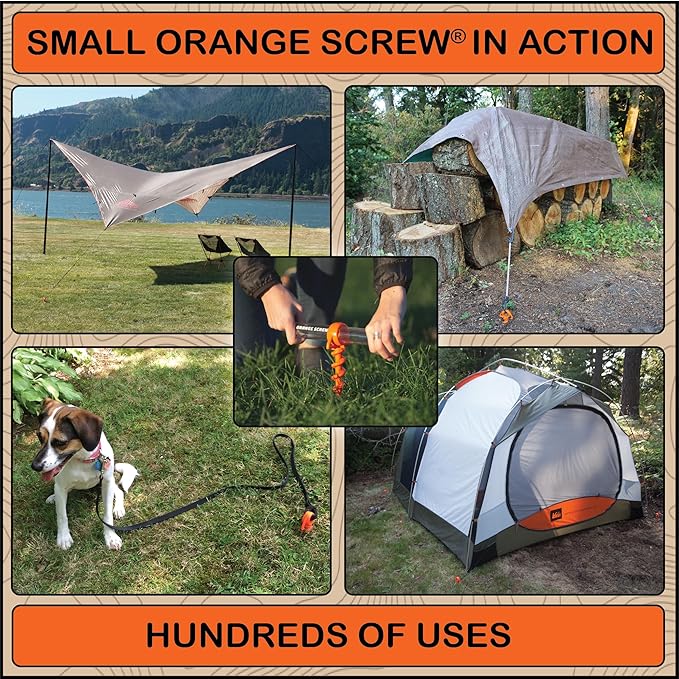 Orange Screw Ultimate Ground Anchors: Heavy Duty Screw-in Tent Stakes for High Wind, Sand, Canopies, and Camping - Made in USA, 100% Recycled, Included T-Grip Tool - (Small, 4 Pack)