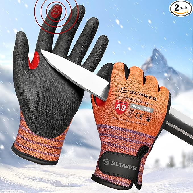 Schwer FreezeGuard-X Winter Work Gloves for Men and Women, ANSI A9 Cut Resistant Gloves for Extreme Protection, Freezer Glove With Super Grip, Touchscreen, Thermal Insulated, PM3326-W (M,2 Pairs)