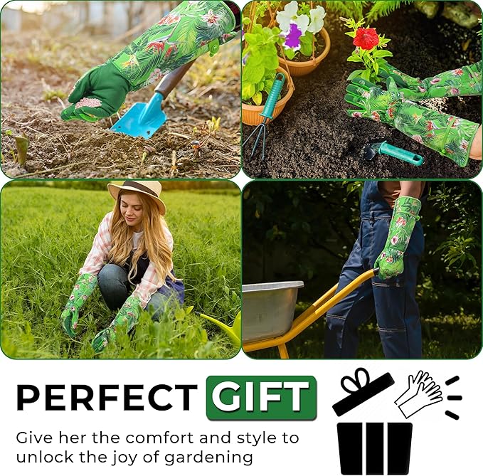 HANDLANDY Women Gardening Gloves, Scratch Resistant Breathable Ladies Rose Pruning Long Gauntlet Floral Print Garden Yard Gloves, Gift for Gardeners (Grass Green, L)