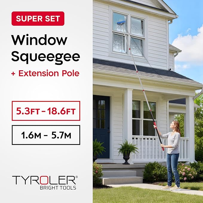 Tyroler Professional Window Squeegee with Extension Pole | 5.3-18.6ft Squeegee for Windows Cleaning | Outdoor Window Cleaner Tool, Windows Washing Kit with Extension Pole | Window Cleaning Kit