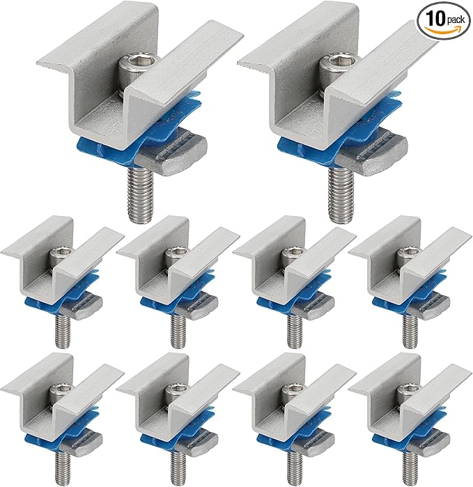 10 Pcs Adjustable Solar Panel Mounting Bracket Clamps Wide Photovoltaic Support Mid for Secure Solar Panel System pv, Aluminum Roof Mount Kit Hardware with Nut Bolt Fit for Standard Unistrut